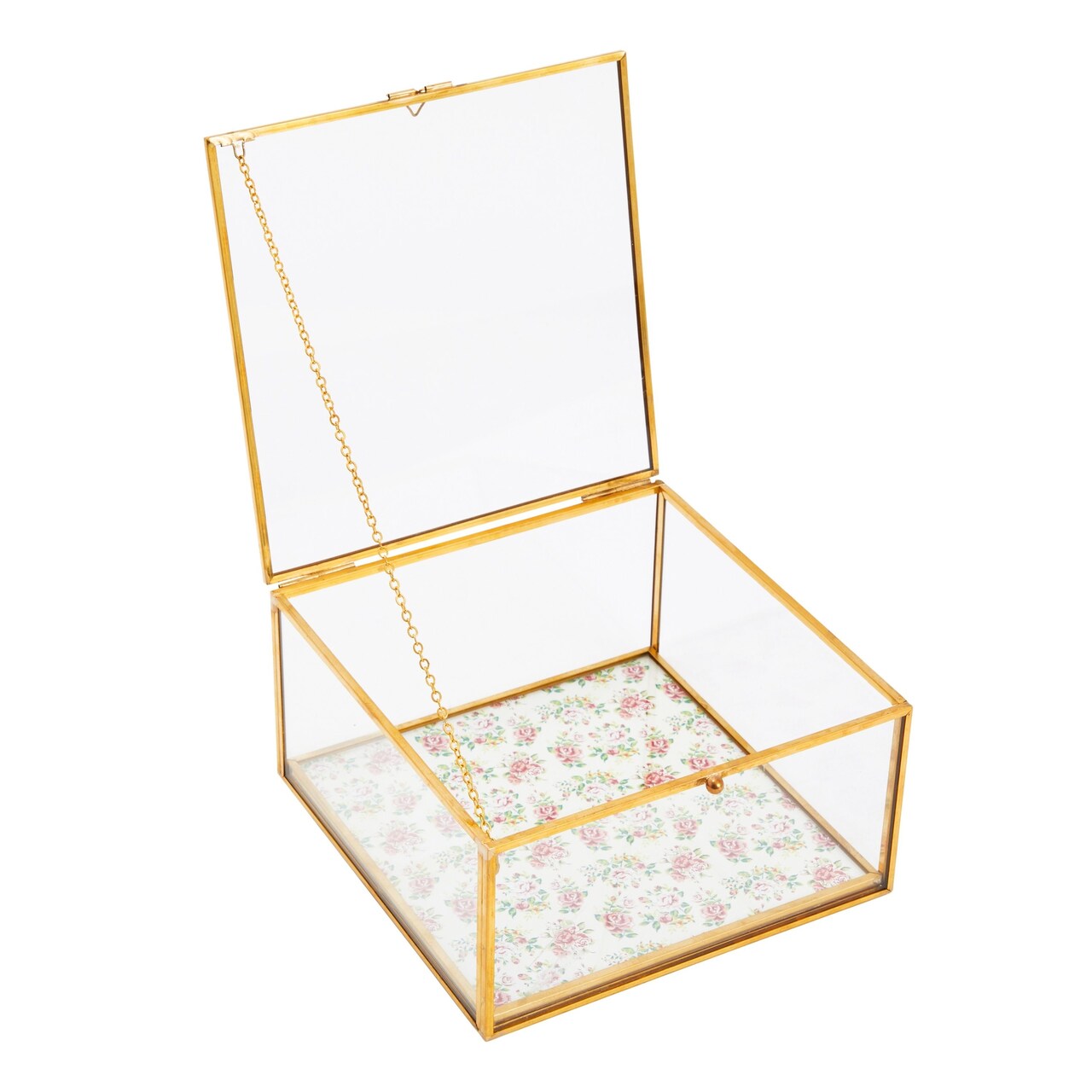 Small Glass Jewelry Box for Keepsakes with Gold Metal Frame, Hinge Lid, Vintage Floral Design (6x 6 x 3 In)